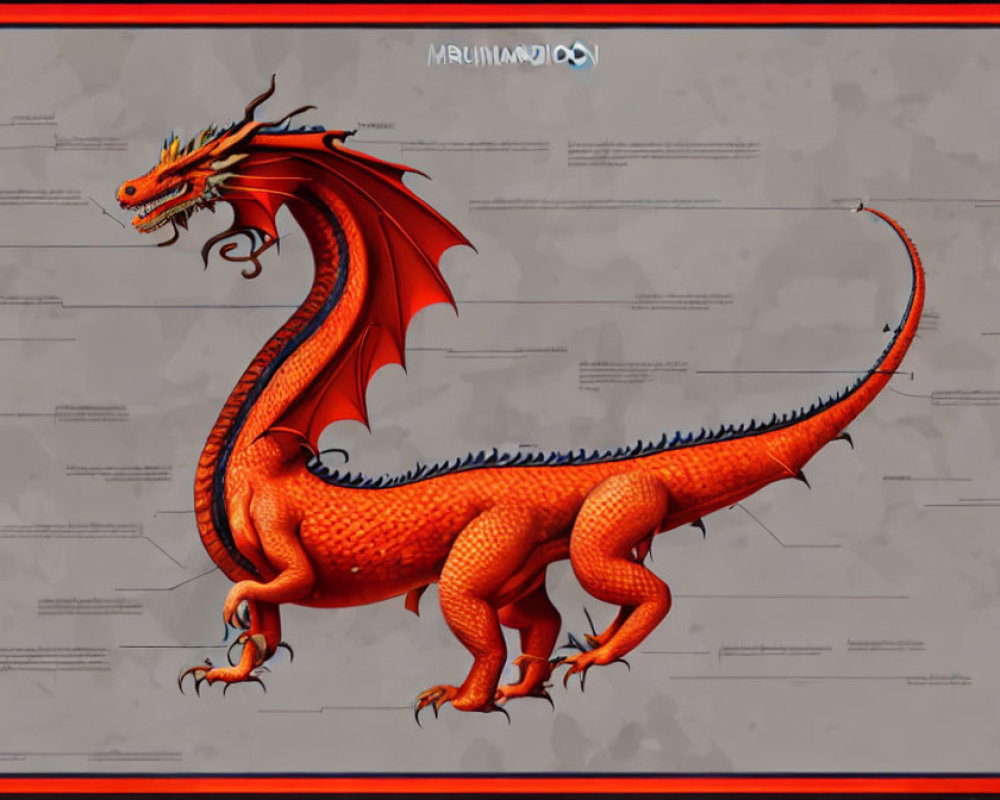 Vivid Orange Dragon with Red Wings and Yellow Accents on Gray Background