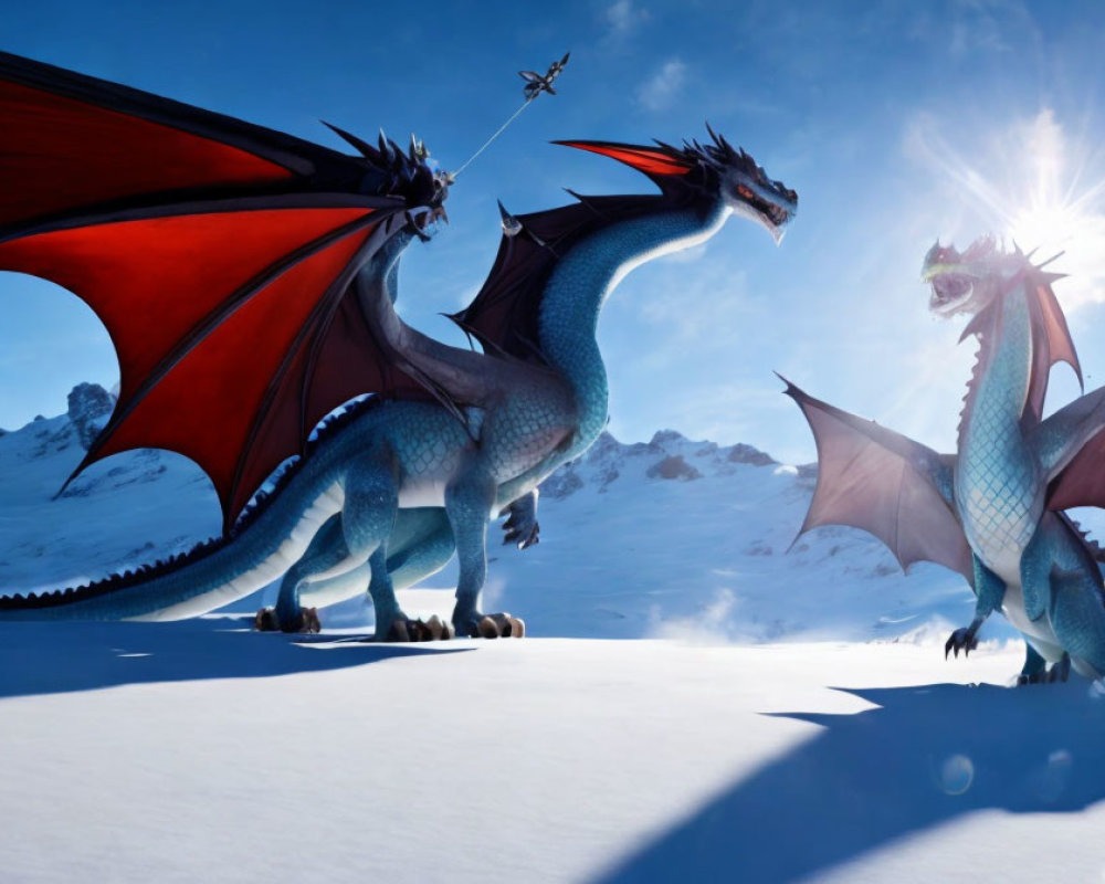 Blue and Red Dragons in Snowy Landscape with Flying Figure