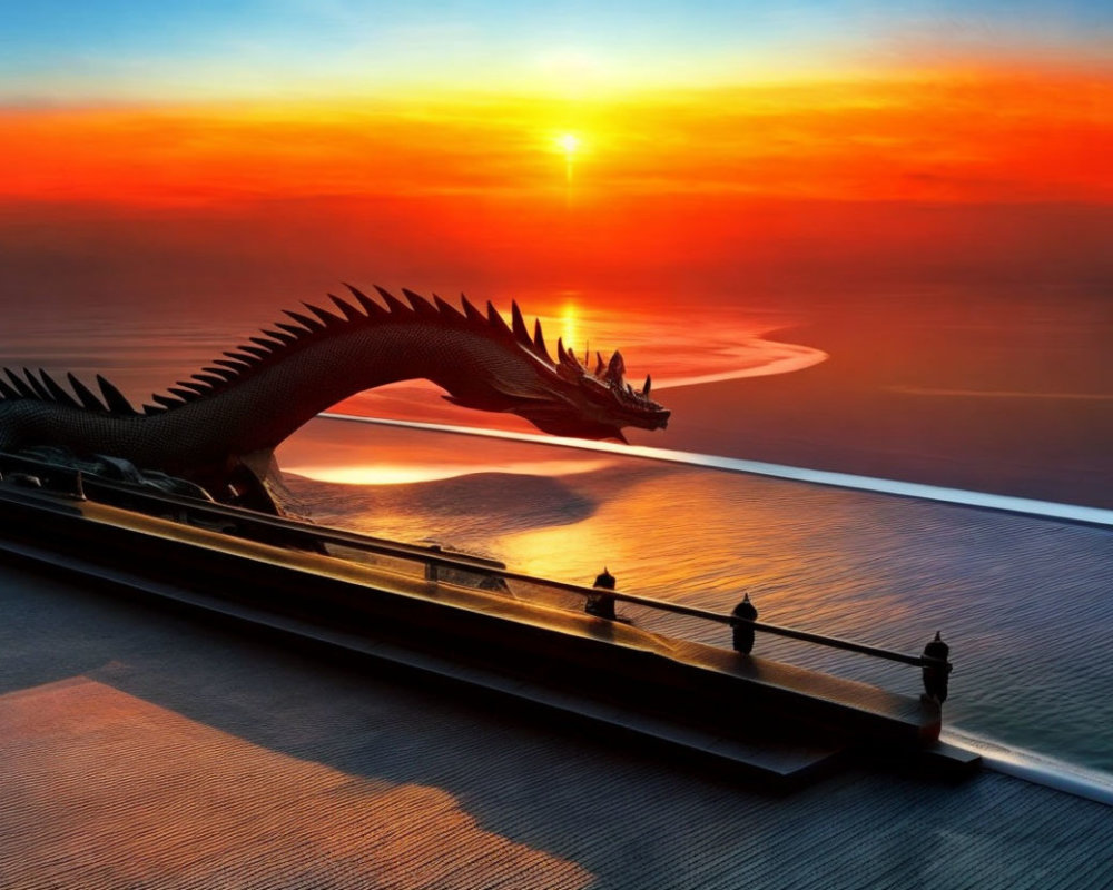Dragon Sculpture Over Water at Sunset with Orange and Blue Skies