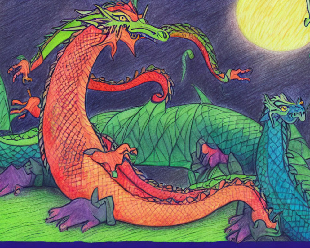 Vibrant hand-drawn illustration of colorful dragons under yellow moon