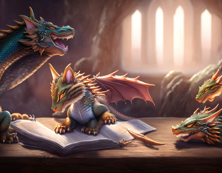Three animated dragons with intricate scales and wings in a dimly-lit stone room