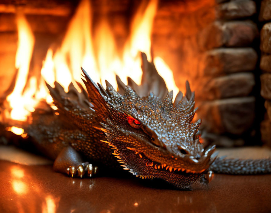 Detailed Dragon Model with Red Eyes by Blazing Fireplace