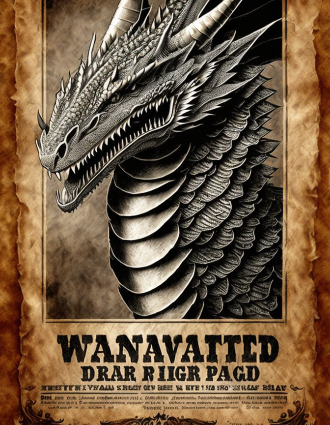 Detailed Fierce Dragon Wanted Poster Illustration on Old-Style Parchment Background