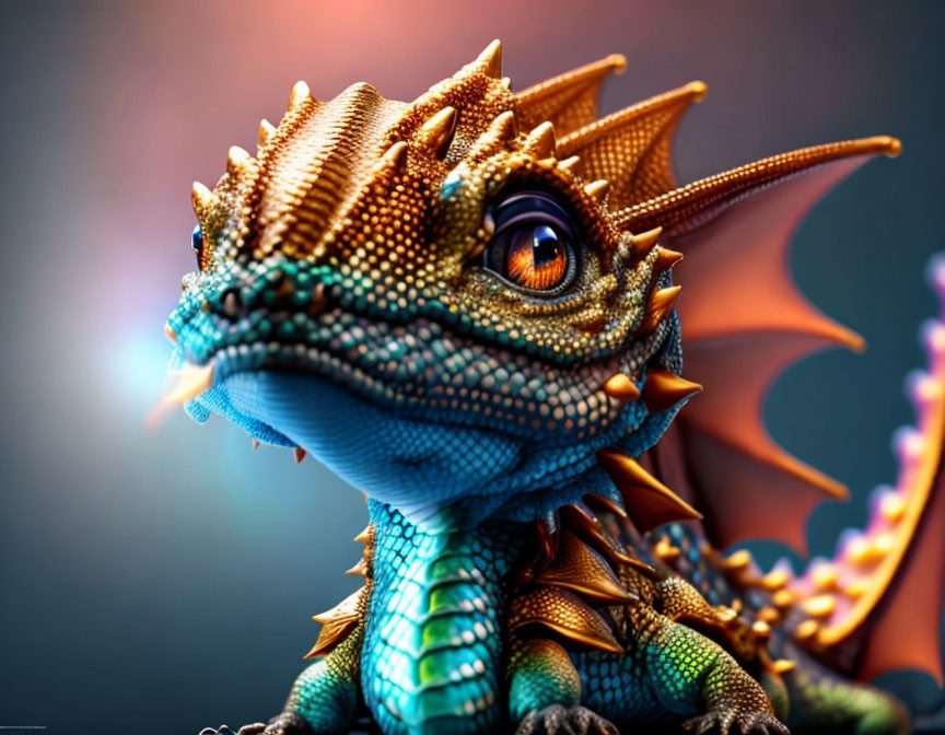 Colorful digital illustration of whimsical dragon with golden spikes, expressive eyes, blue and orange hues