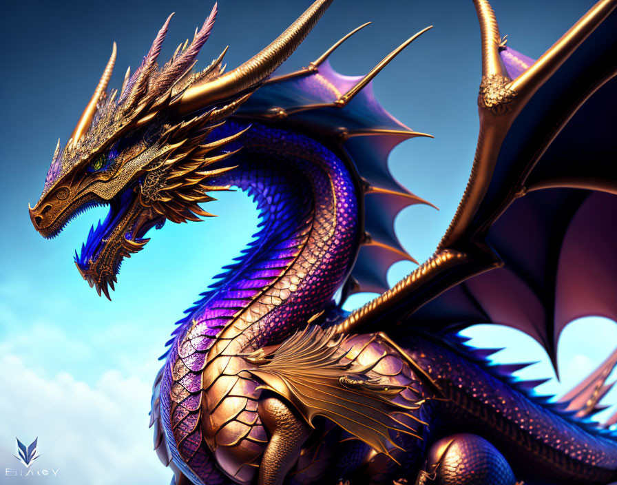 Majestic 3D-rendered dragon with gold and purple scales, horns, and wings