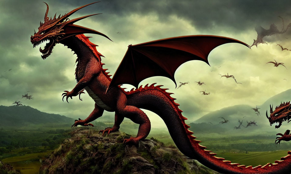 Red dragon perched on cliff with spread wings, flying dragons in stormy sky above lush valley.