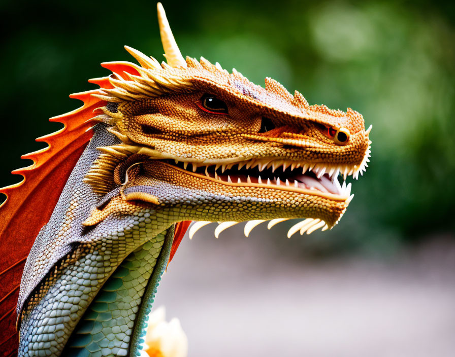 Colorful dragon with sharp teeth and intricate details.