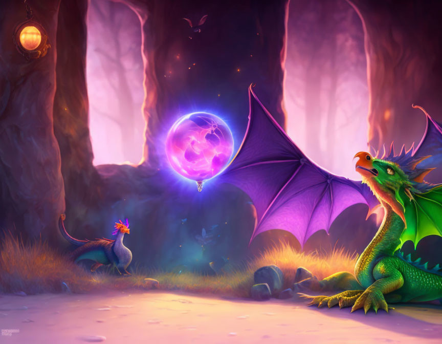 Colorful Illustration: Green Dragon, Blue Creature, Enchanted Forest