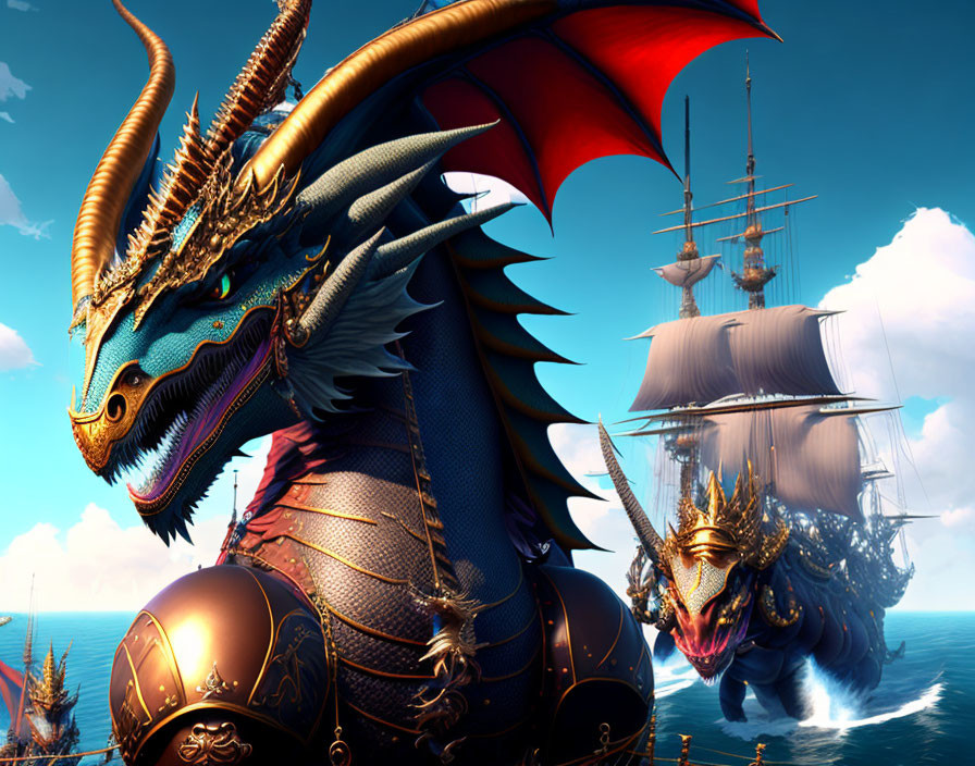 Majestic dragon with gleaming armor next to sailing ship on sunny ocean