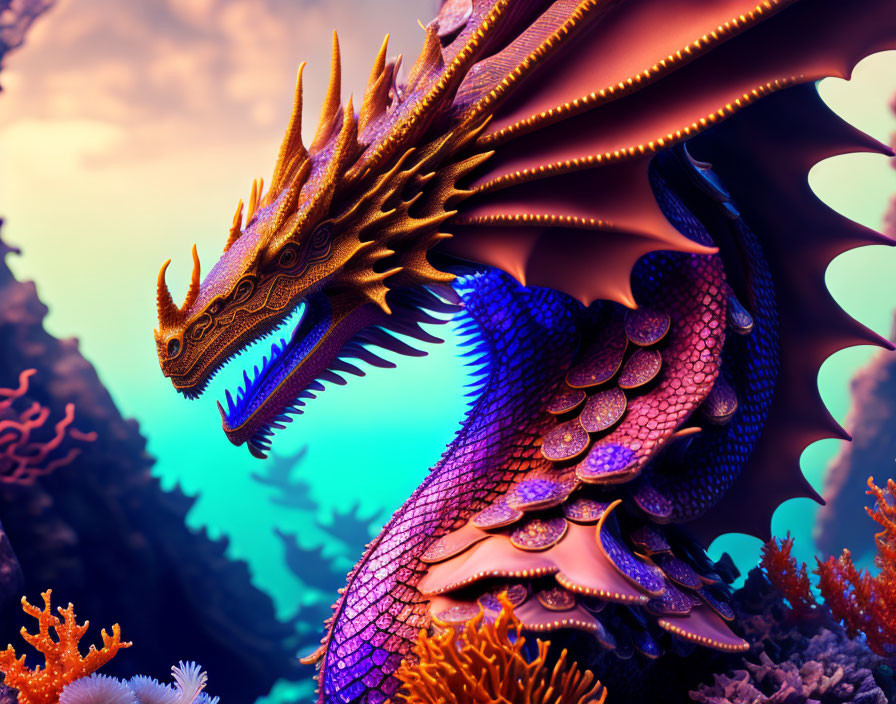 Colorful Digital Artwork: Dragon Among Coral Structures at Sunset