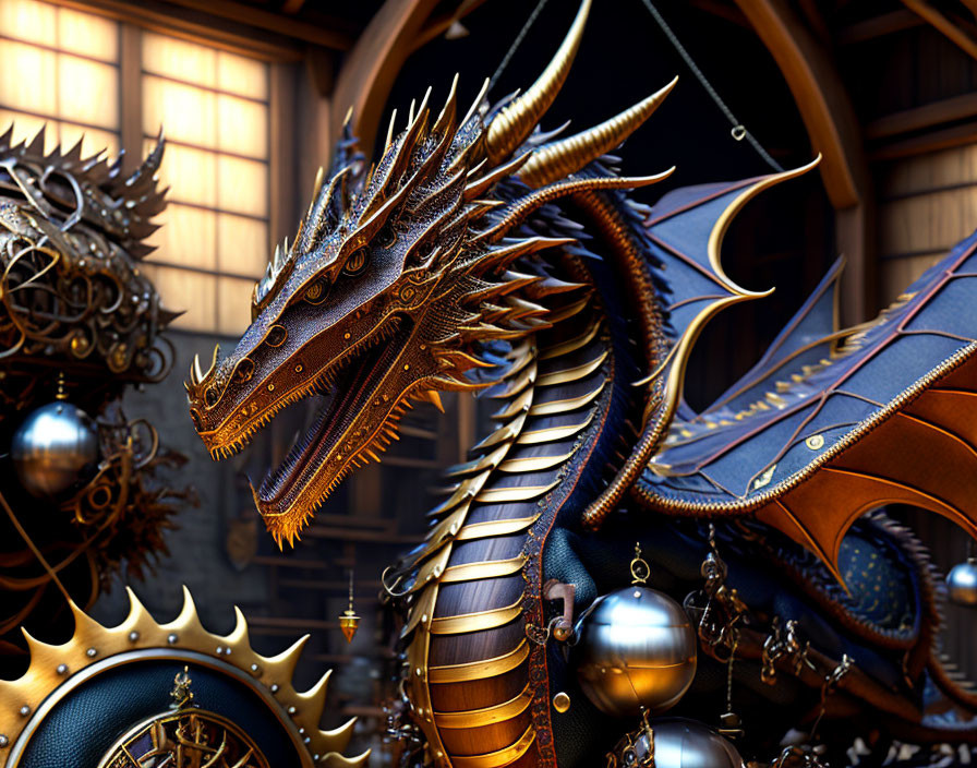 Detailed 3D Rendering of Mechanical Dragon with Golden Gears in Workshop