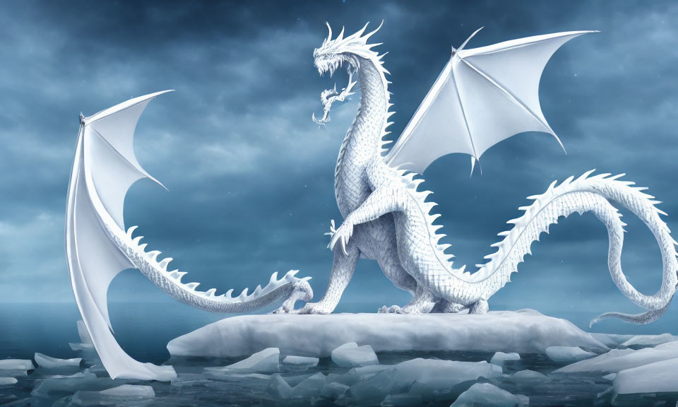 White Dragon on Icy Surface with Frigid Sea