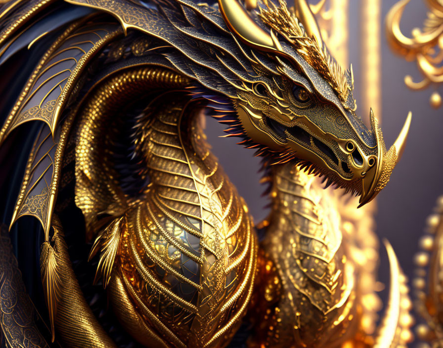 Detailed Golden Dragon Artwork with Decorative Background