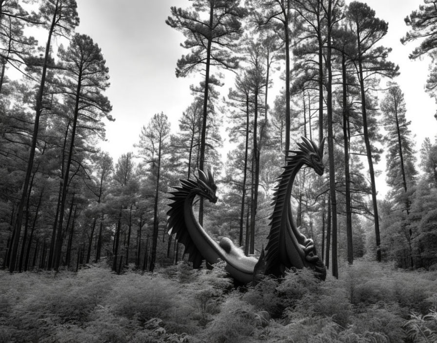 Monochrome dragon sculpture in dense forest with towering pine trees