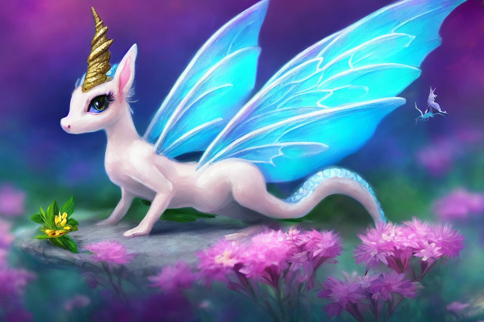 Illustration of unicorn with butterfly wings and fairy in a magical scene