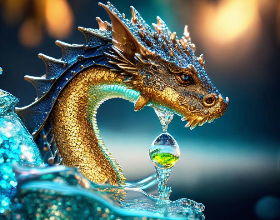 Golden Dragon Figurine with Blue Gem Accents Beside Crystal Ball
