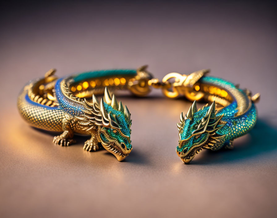 Golden Dragon Bracelet with Blue Gemstone Accents on Warm Background