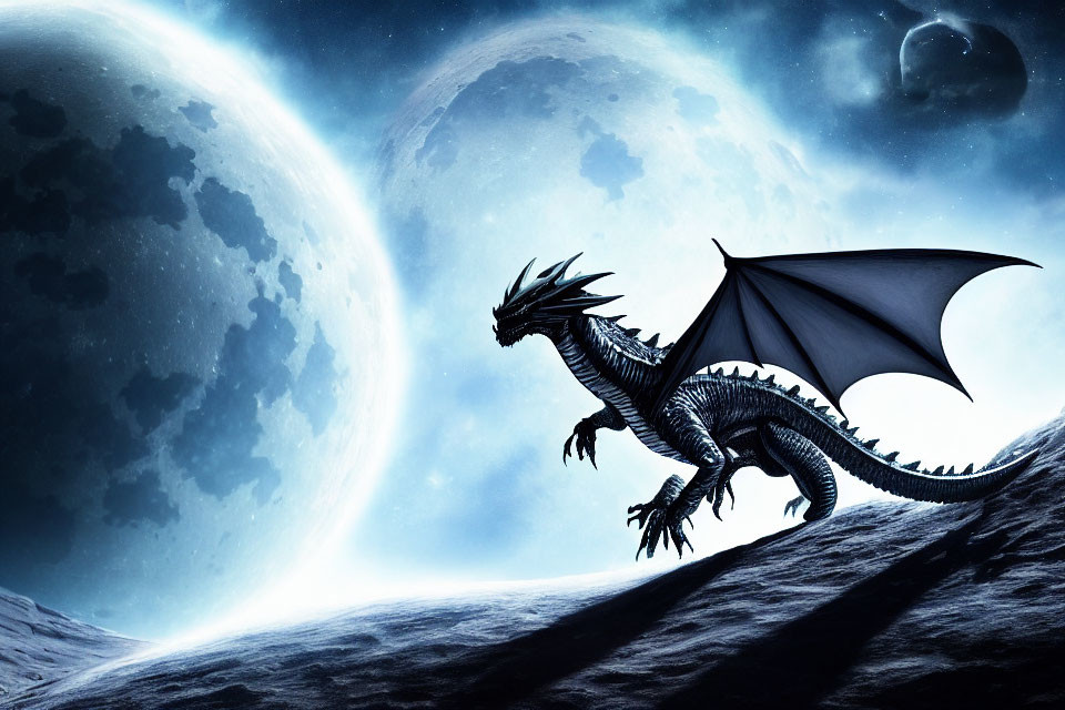 Majestic dragon on rocky terrain under starry night sky