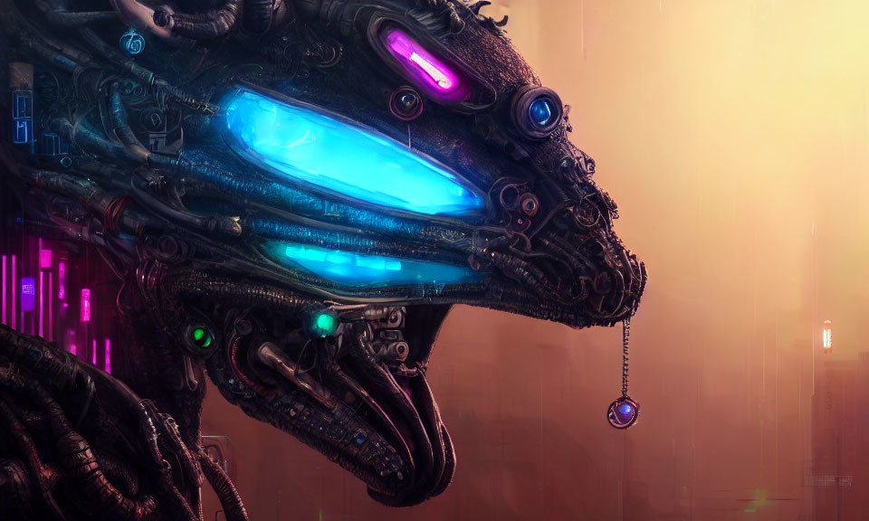 Detailed Cybernetic Creature with Glowing Eyes in Futuristic Cityscape