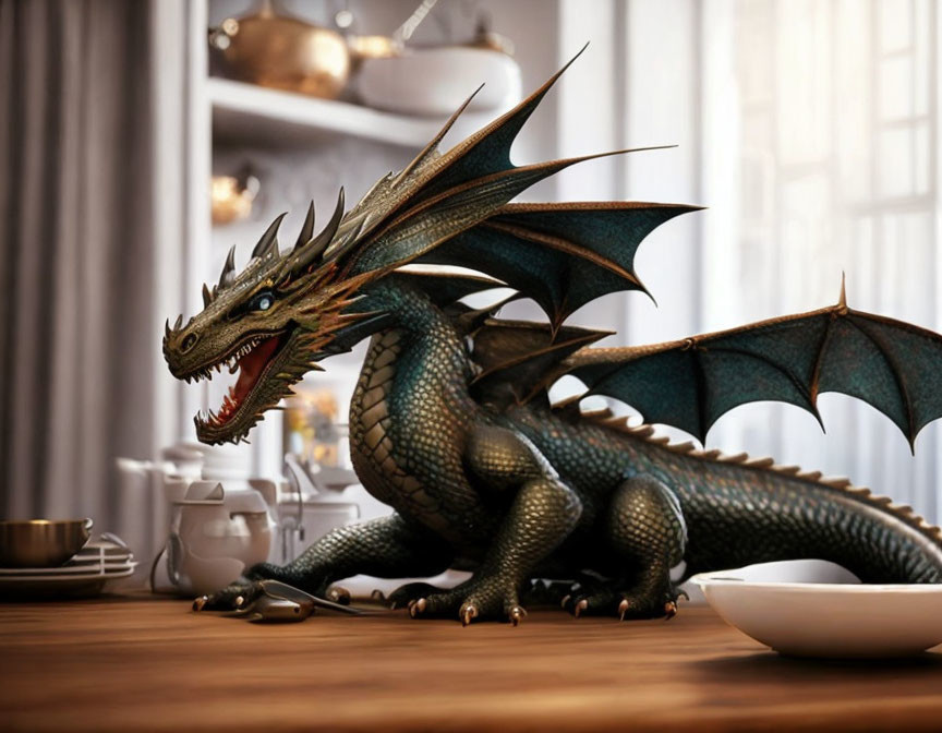 Realistic digital artwork of a green-scaled dragon on a table with crockery in a cozy