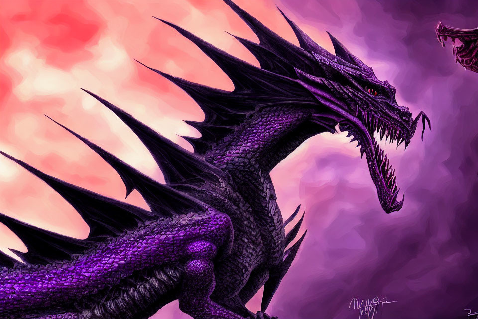 Purple dragon roaring at smaller dragon in fiery sky