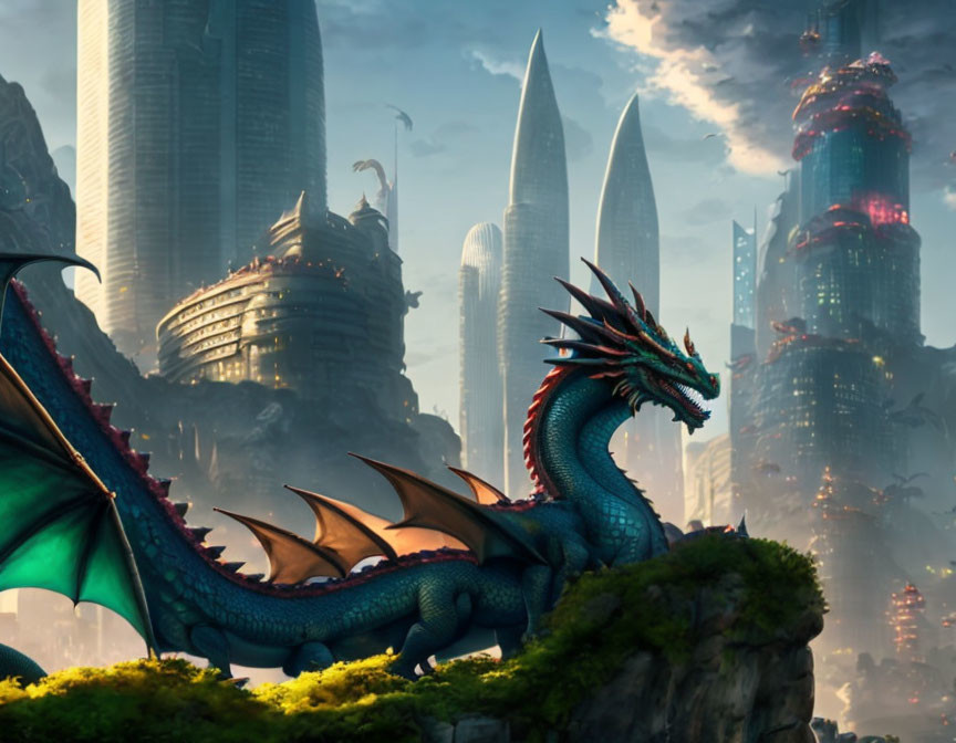 Majestic dragon on cliff with futuristic skyscrapers and dramatic sky