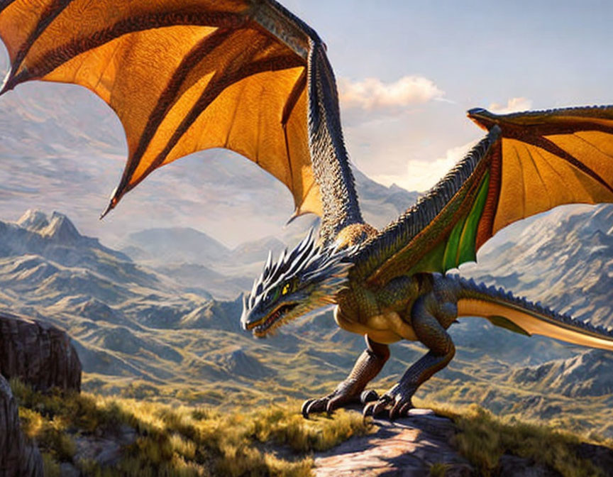 Majestic dragon perched on rocky cliff with widespread wings