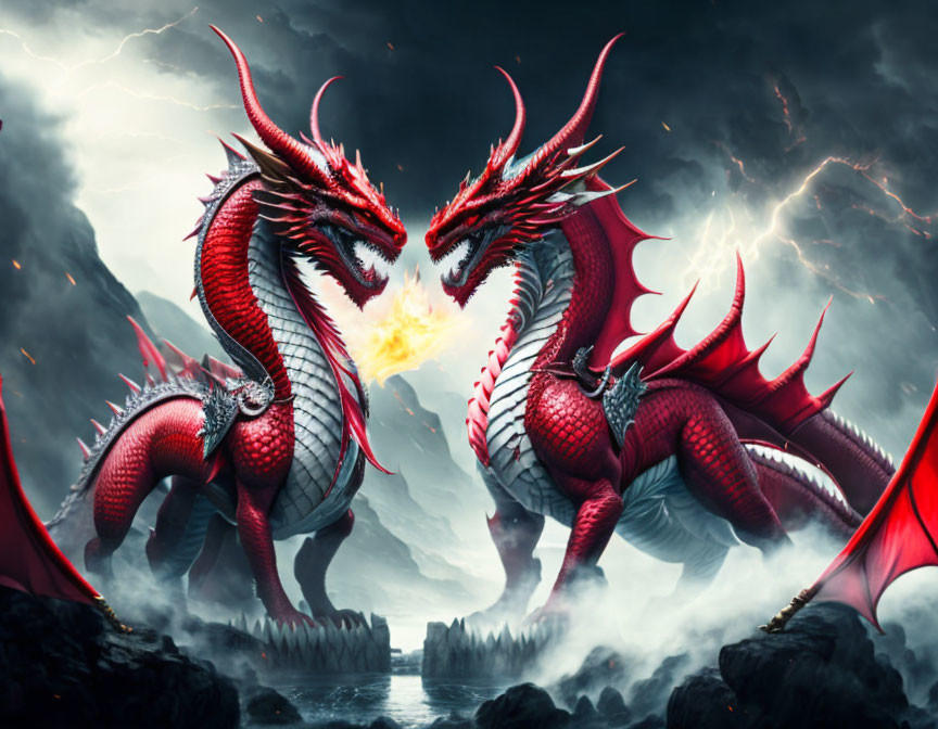 Two red dragons breathing fire in stormy landscape