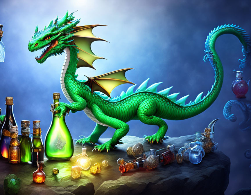 Colorful Dragon with Potions on Rocky Outcrop