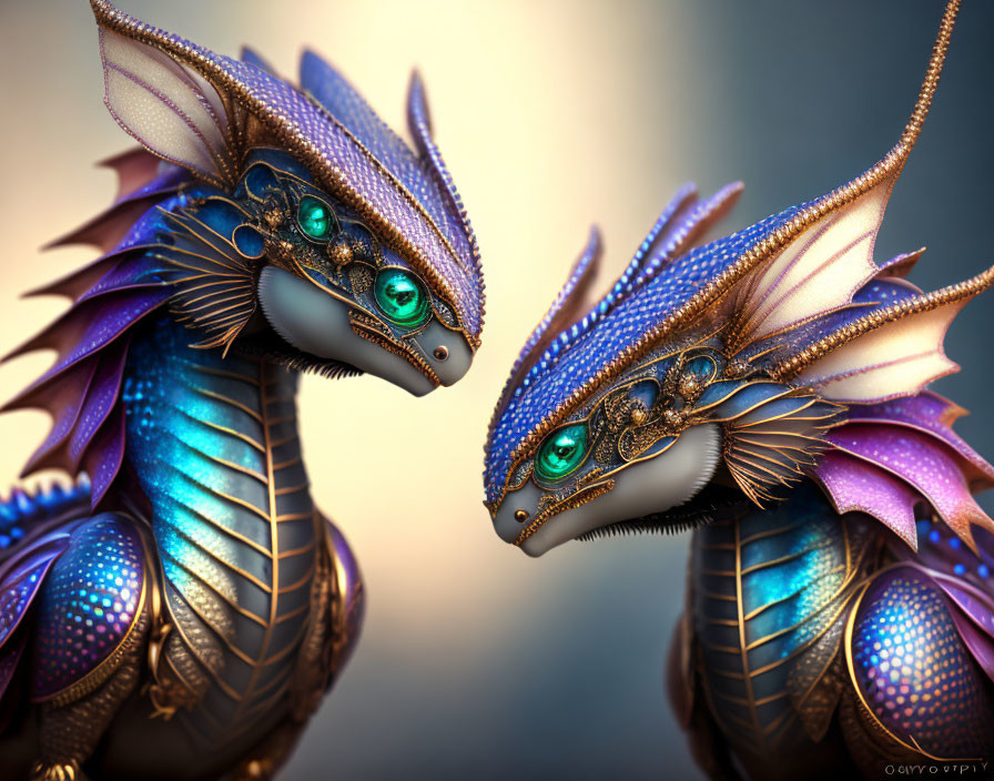 Fantastical dragons with blue scales and green eyes in detailed artwork