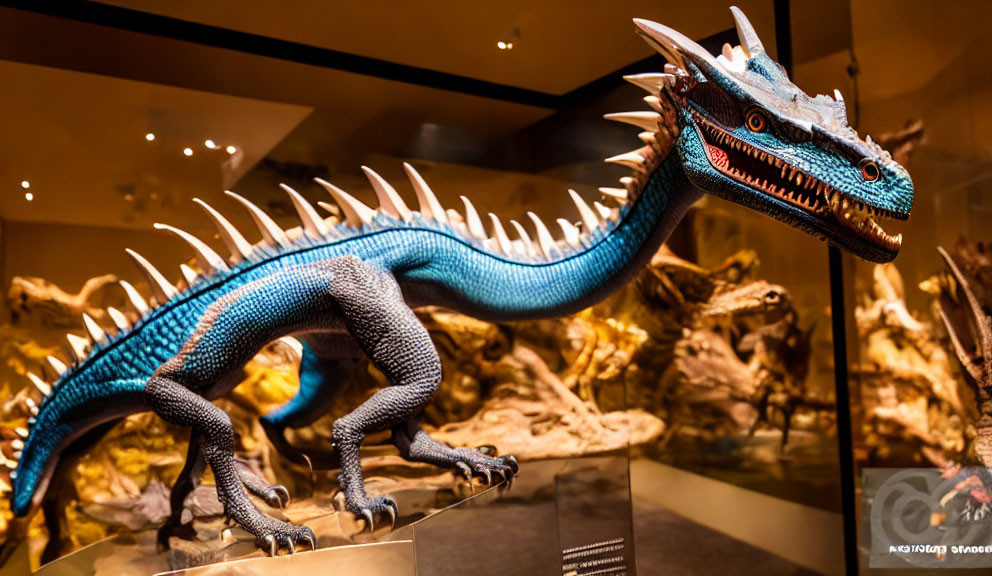 Blue dragon model with horns and spines in museum exhibit with dinosaur skeletons
