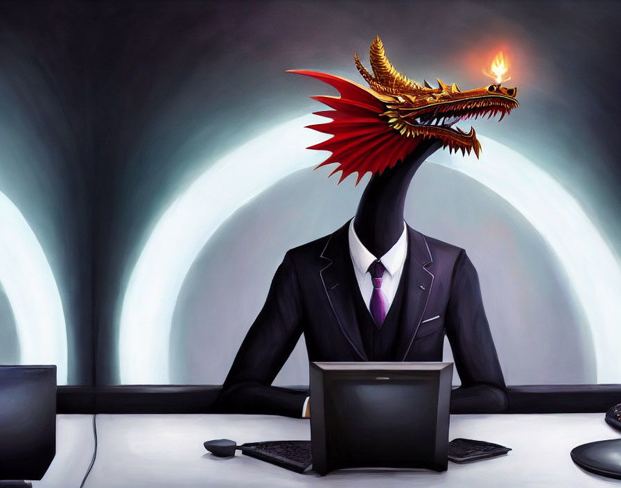 Dragon-headed figure in suit works on laptop at office desk with fiery breath and arched windows.