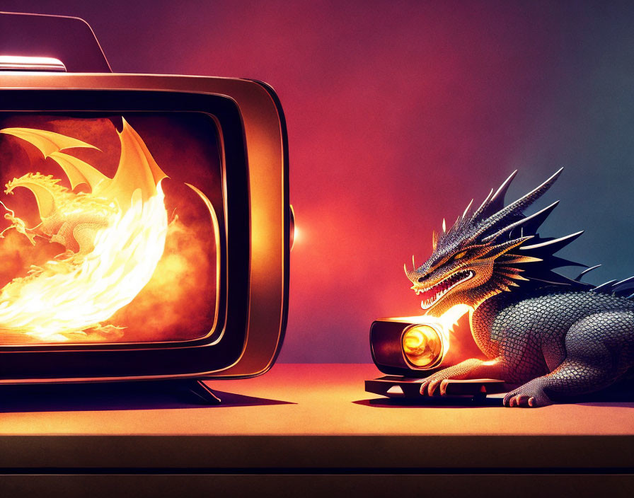 Illustration of two dragons on retro TV with warm colors