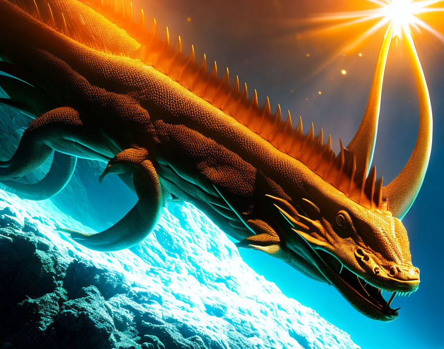 Underwater dragon with sunlit scales and spines.