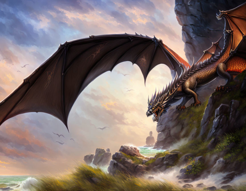 Majestic dragon on rocky cliff overlooking serene seascape