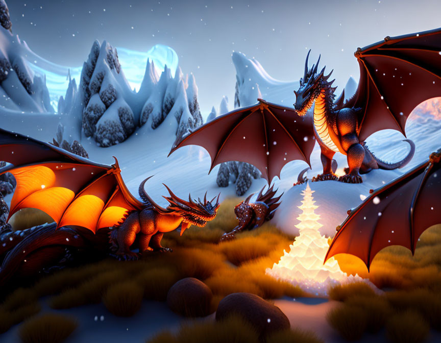 Glowing-winged dragons by crystalline tree in snowy twilight.