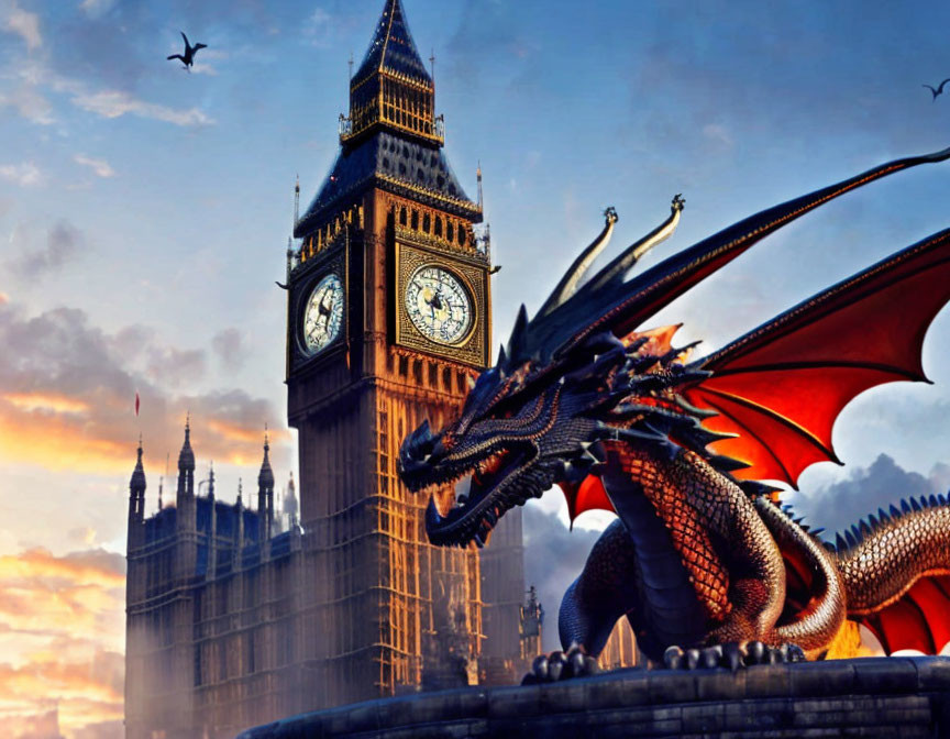 Red dragon beside Big Ben tower under dramatic sunset sky with birds.