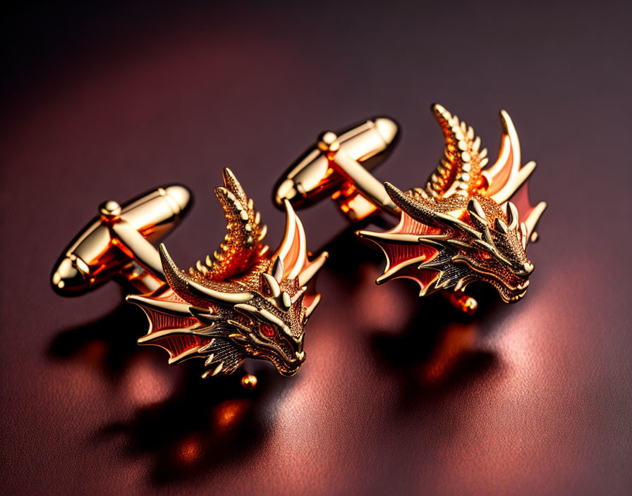Luxurious Golden Dragon Cufflinks on Dark Red Background