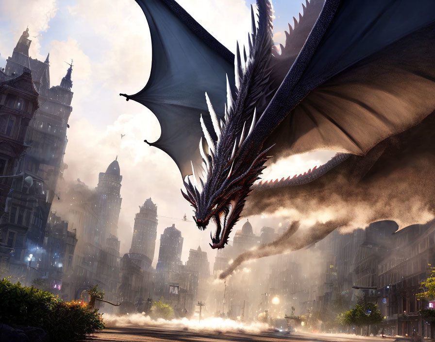 Large dragon with outstretched wings lands in modern cityscape