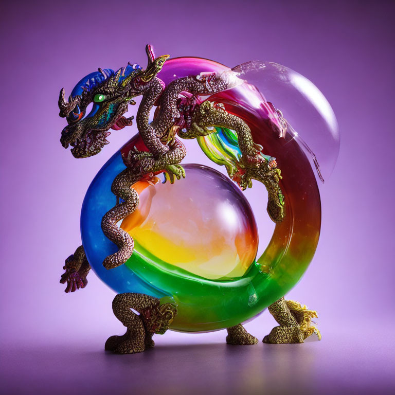 Iridescent glass orb in metallic dragon sculpture on purple backdrop