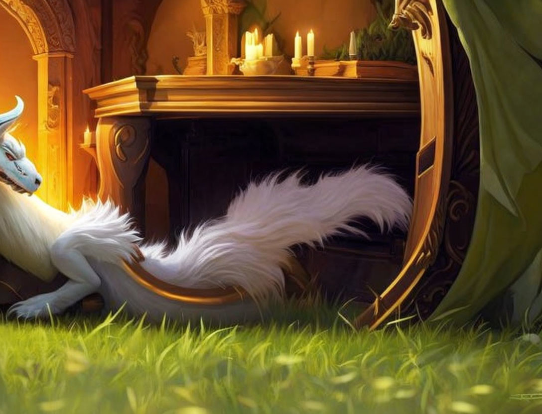 Mythical white fox creature in serene candle-lit setting
