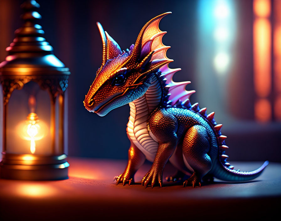 Stylized dragon figurine with intricate scales under moody lighting beside classic lantern