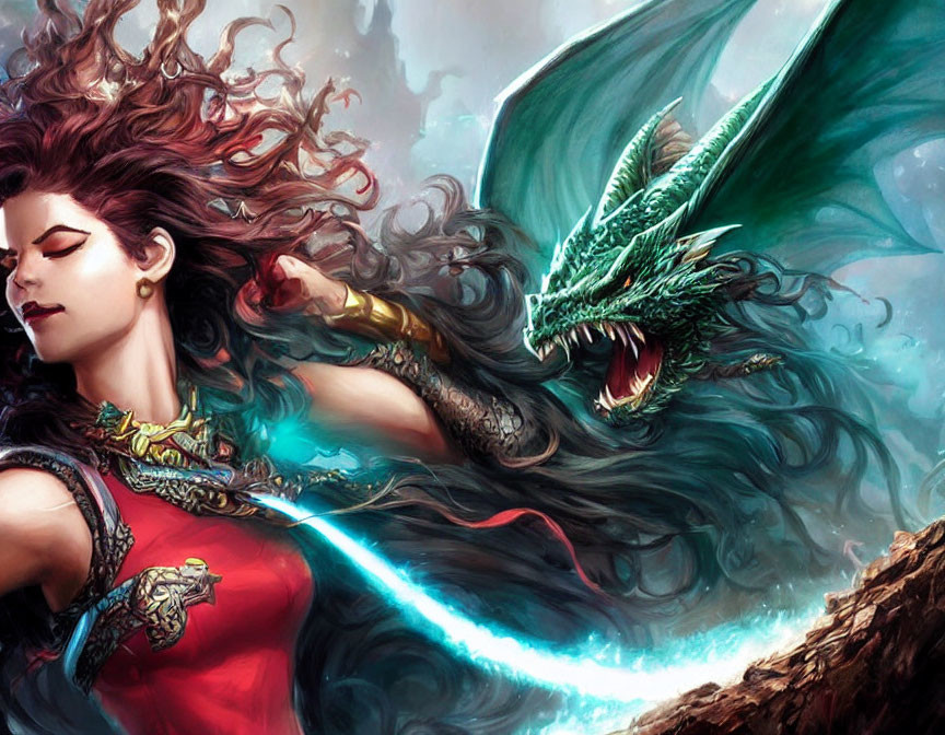 Warrior woman with glowing sword battles green dragon in fantastical scene