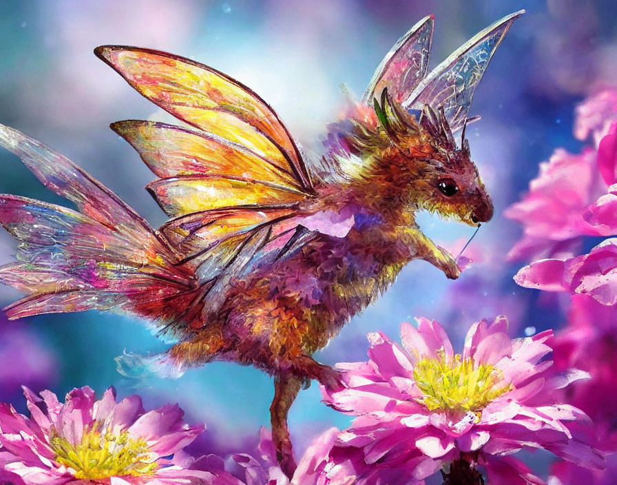 Colorful bird-like creature with iridescent wings among vibrant pink flowers