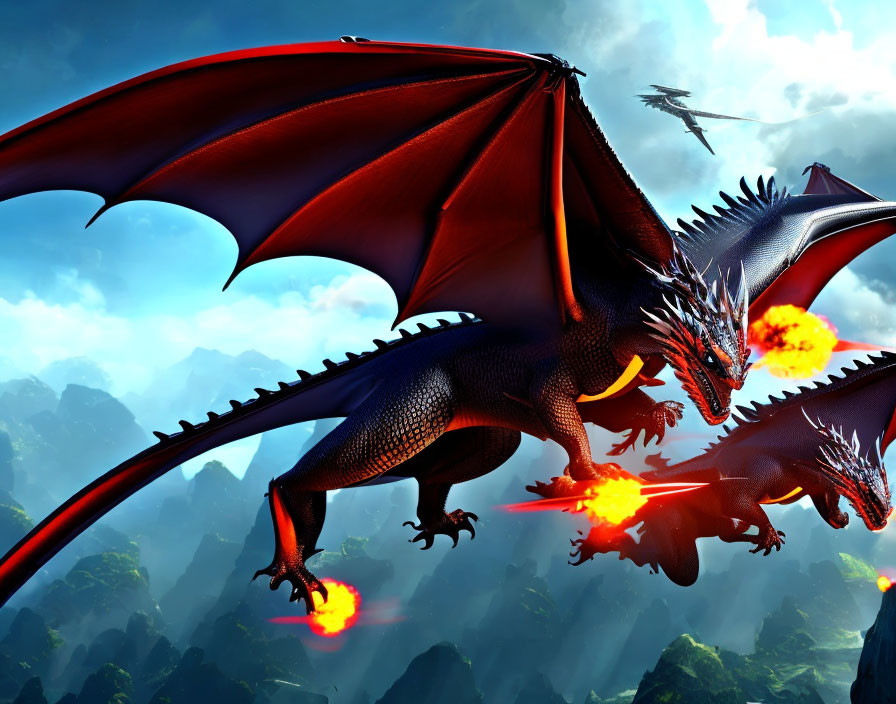 Fiery red dragon flying over mountains with blue sky