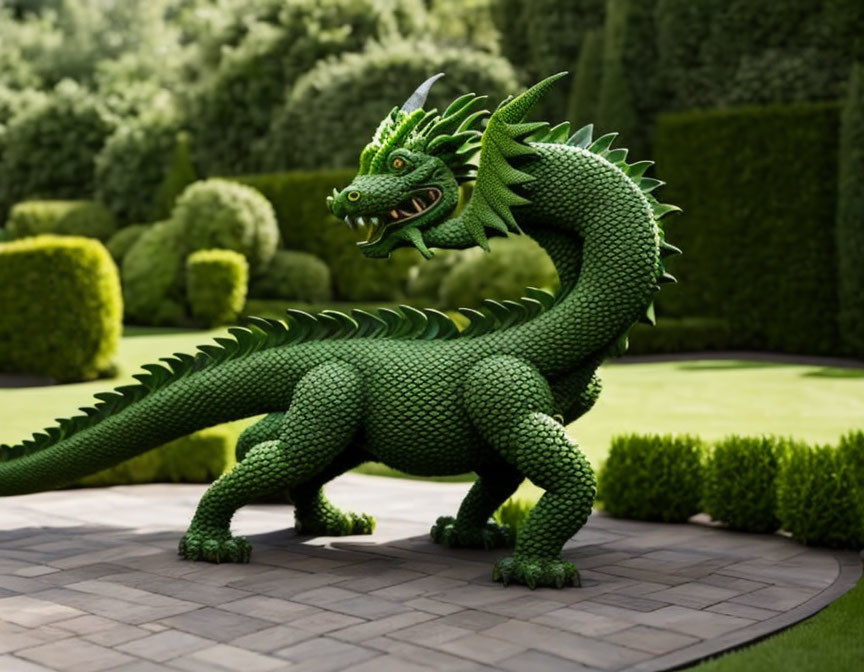 Intricate Green Dragon Topiary in Manicured Garden