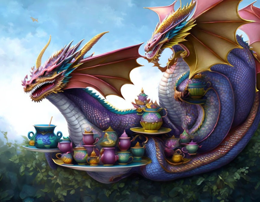 Colorful dragons with ornate teapots and cups on vibrant background