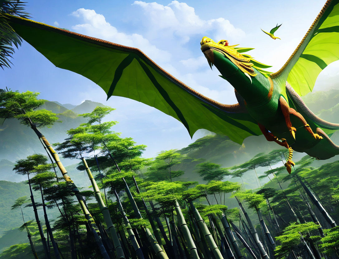 Green dragon flying over lush bamboo forest under blue sky