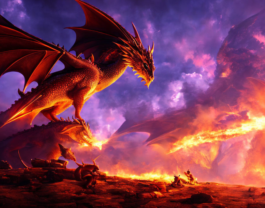 Majestic dragon breathing fire in dramatic purple sky