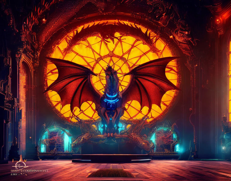 Majestic dragon with spread wings in gothic chamber with stained-glass window